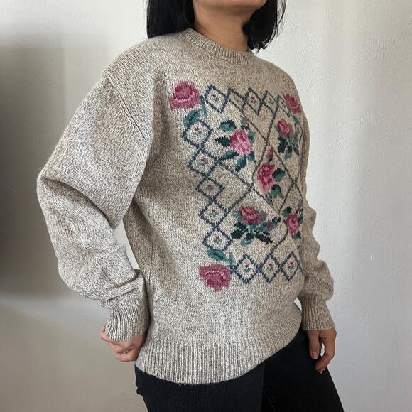Vintage 1990 Eddie bauer wool sweater tan pink roses - Picture 5 of 10
